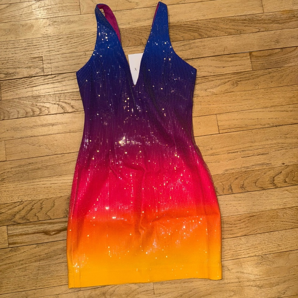 Sequin Ombre V-Neck Mini Dress in Blue-Pink-Orange-Yellow